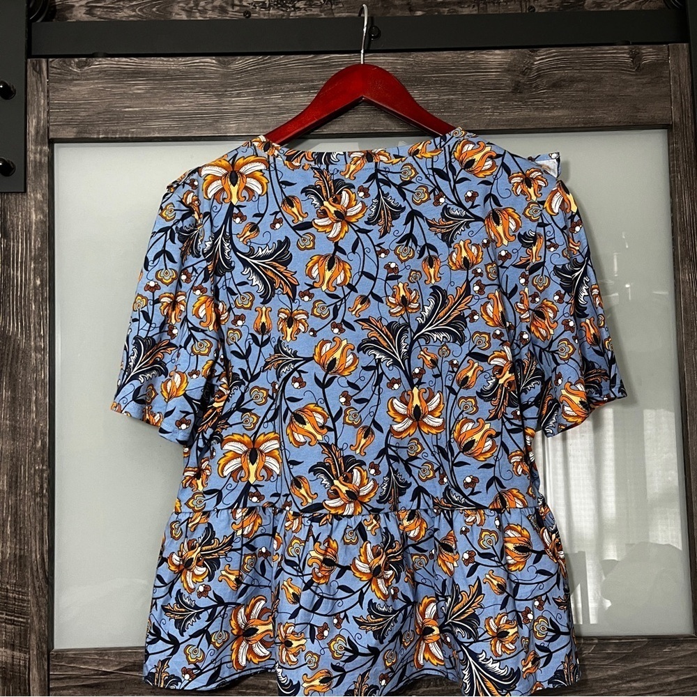 Zara Blue and Orange Floral Ruffle Peplum Top 100% Cotton Cottagecore Large - Picture 2 of 7